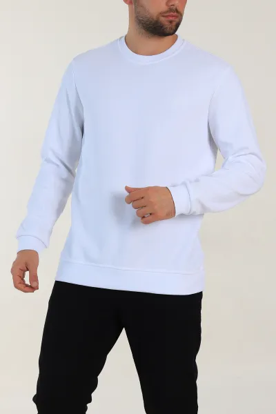 Beyaz Regular Fit İnterlok Kumaş Pike Doku Basic Erkek Sweatshirt 305434