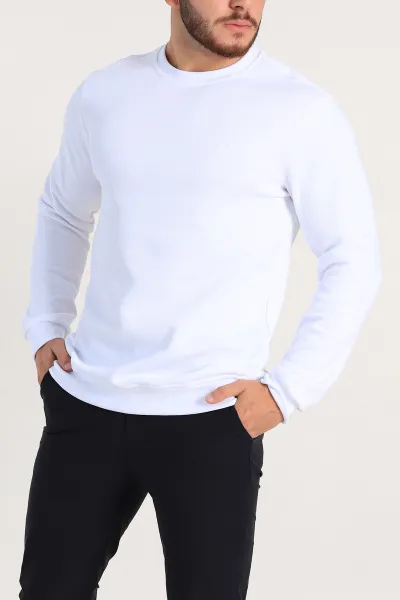 Beyaz Regular Fit İnterlok Kumaş Pike Doku Basic Erkek Sweatshirt 305434