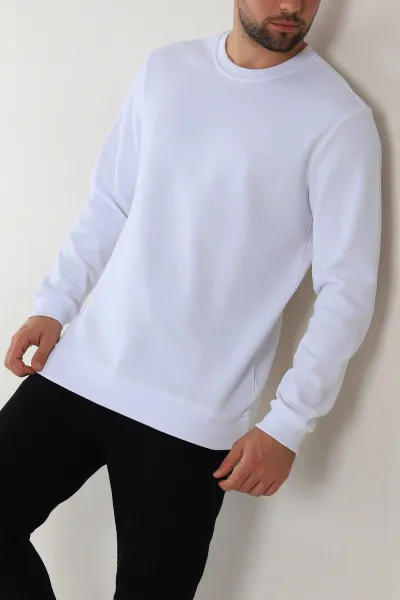 Beyaz Regular Fit İnterlok Kumaş Pike Doku Basic Erkek Sweatshirt 305434