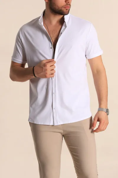 Beyaz Regular Fit Jakarlı Çıt Çıt Düğmeli Kısa Kollu Erkek Gömlek 263730
