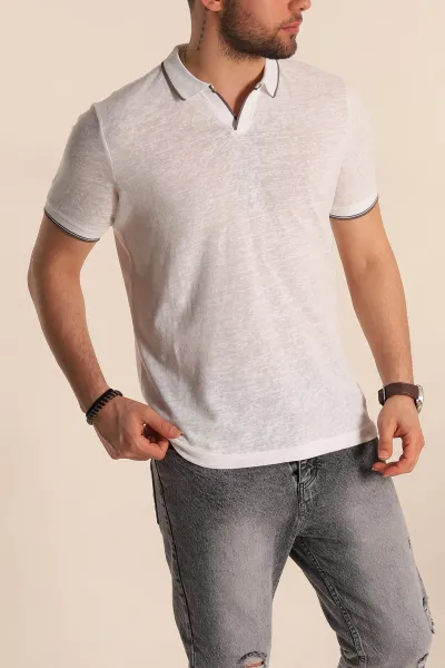 Beyaz Regular Fit Jakarlı Polo Yaka Triko Tişört 263238