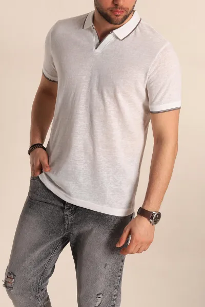 Beyaz Regular Fit Jakarlı Polo Yaka Triko Tişört 263238