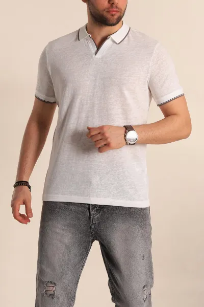 Beyaz Regular Fit Jakarlı Polo Yaka Triko Tişört 263238