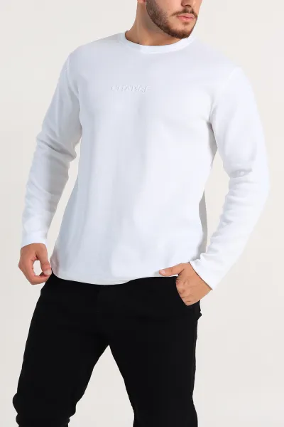 Beyaz Regular Fit Kabartma Baskılı Erkek Sweatshirt 303422