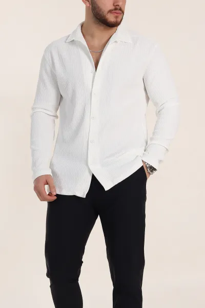 Beyaz Regular Fit Kalın Fitilli Doku Erkek Gömlek 352017