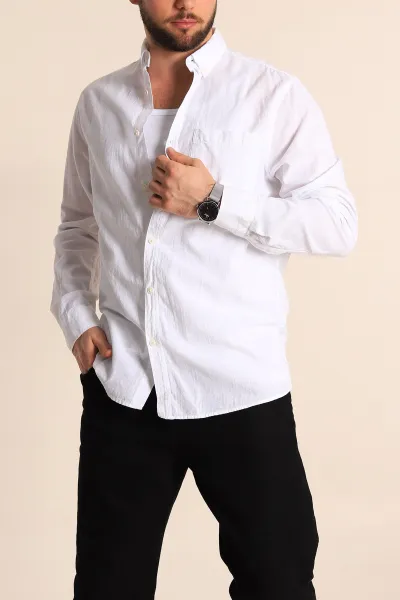 Beyaz Regular Fit Keten Tek Cep Detaylı Uzun Kollu Erkek Gömlek 244754
