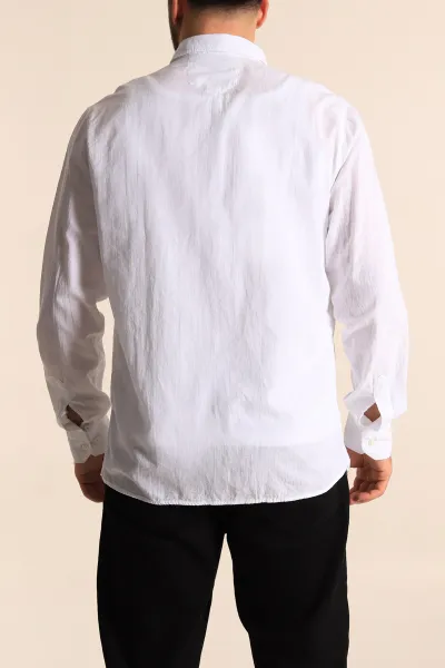 Beyaz Regular Fit Keten Tek Cep Detaylı Uzun Kollu Erkek Gömlek 244754