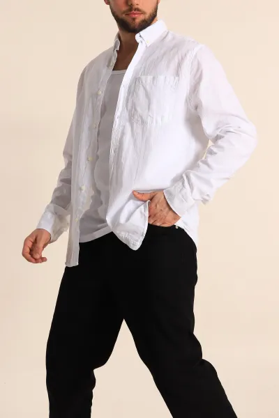 Beyaz Regular Fit Keten Tek Cep Detaylı Uzun Kollu Erkek Gömlek 244754