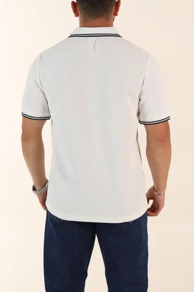 Beyaz Regular Fit Likralı Çizgili Polo Yaka Erkek Tişört 368735