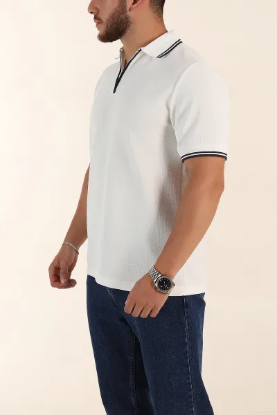 Beyaz Regular Fit Likralı Çizgili Polo Yaka Erkek Tişört 368735