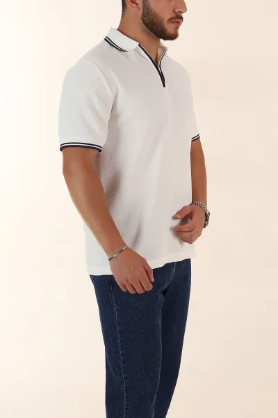 Beyaz Regular Fit Likralı Çizgili Polo Yaka Erkek Tişört 368735