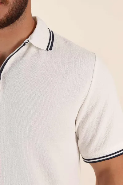 Beyaz Regular Fit Likralı Çizgili Polo Yaka Erkek Tişört 368735