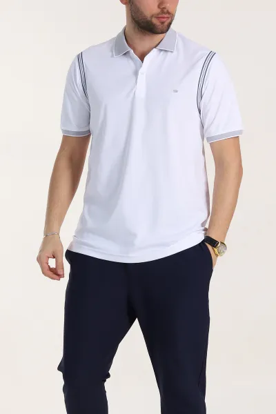 Beyaz Regular Fit Omuz Şerit Detaylı Polo Yaka Erkek Tişört 338463