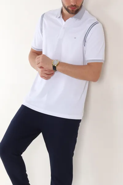 Beyaz Regular Fit Omuz Şerit Detaylı Polo Yaka Erkek Tişört 338463