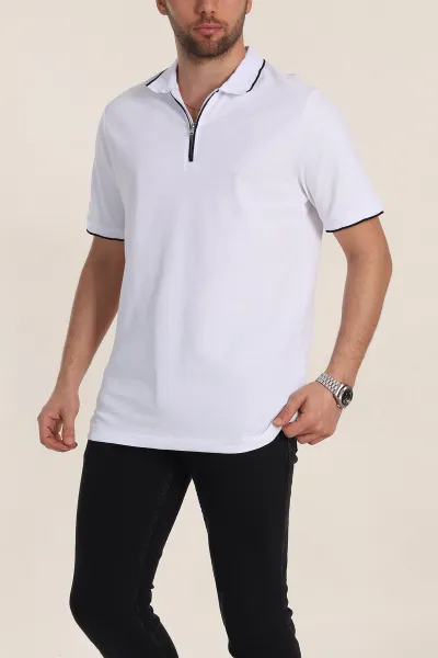 Beyaz Regular Fit Petek Dokulu Polo Yaka Erkek Tişört 349900