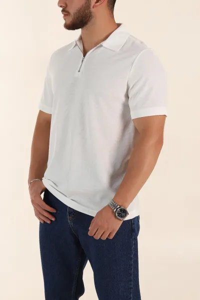 Beyaz Regular Fit Pike Dokulu Fermuarlı Polo Yaka Erkek Tişört 368531