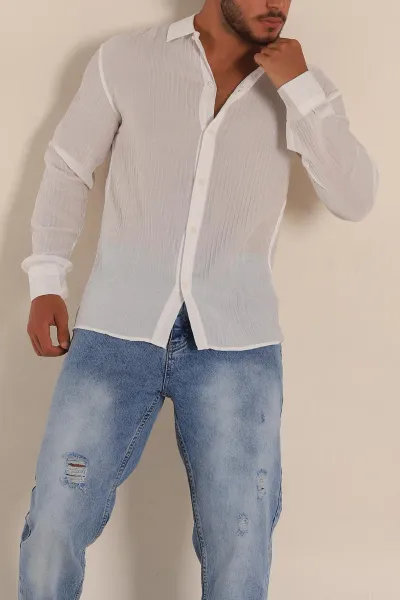 Beyaz Regular Fit Plise Dokulu Erkek Gömlek 283876