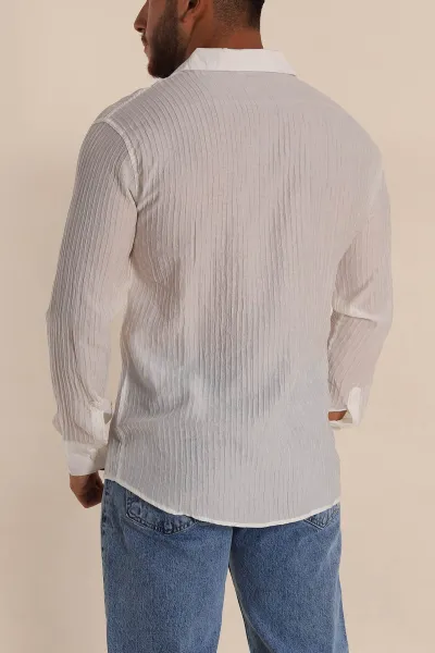 Beyaz Regular Fit Plise Dokulu Erkek Gömlek 283876