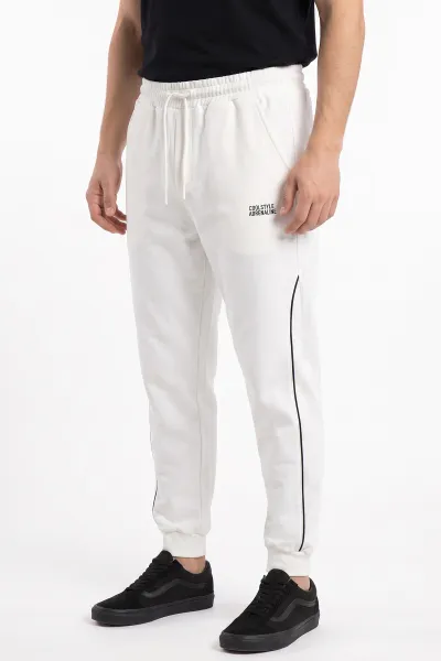 Beyaz Regular Fit Şerit Detaylı Paça Lastikli Erkek Eşofman Altı 483370