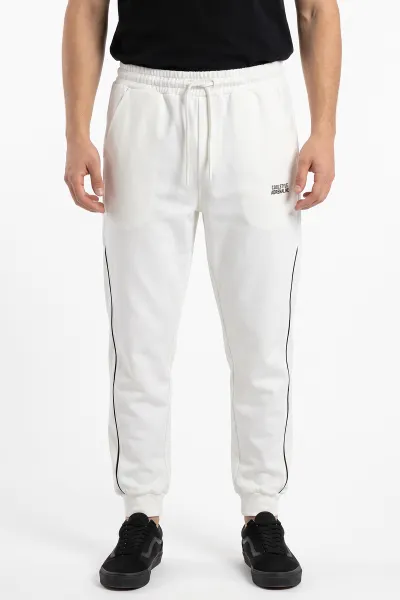 Beyaz Regular Fit Şerit Detaylı Paça Lastikli Erkek Eşofman Altı 483370