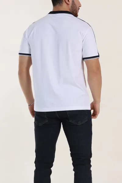 Beyaz Regular Fit Şerit Detaylı Polo Yaka Erkek Tişört 338449
