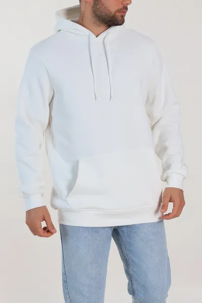 Beyaz Regular Fit Üç İp Şardonlu Erkek Kapüşonlu Basic Sweatshirt 400535