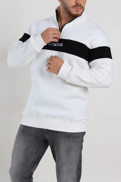 Beyaz Regular Fit Üç İp Şardonlu Yazı Detay Yarım Fermuarlı Erkek Sweatshirt 308897