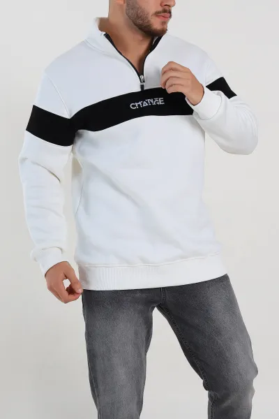Beyaz Regular Fit Üç İp Şardonlu Yazı Detay Yarım Fermuarlı Erkek Sweatshirt 308897