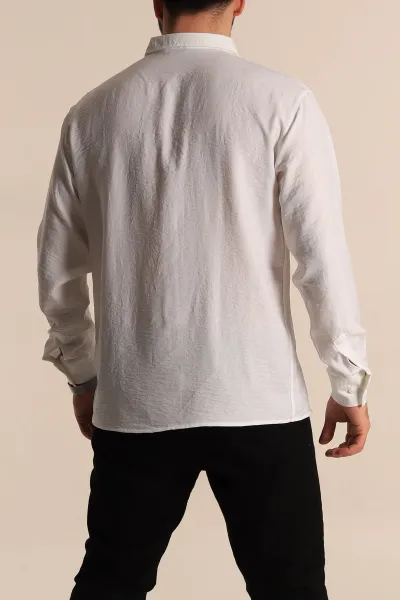 Beyaz Regular Fit Uzun Kollu Keten Erkek Gömlek 275555