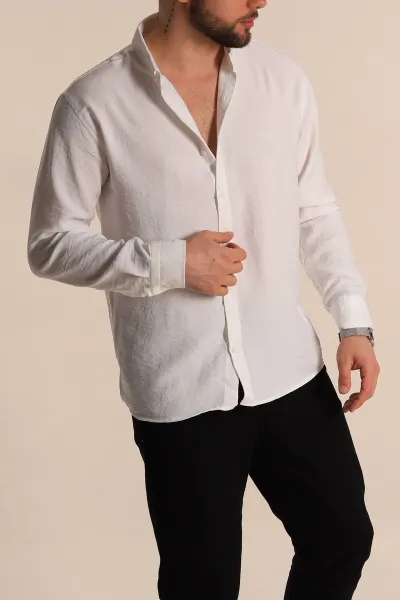 Beyaz Regular Fit Uzun Kollu Keten Erkek Gömlek 275555