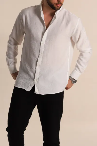 Beyaz Regular Fit Uzun Kollu Keten Erkek Gömlek 275555