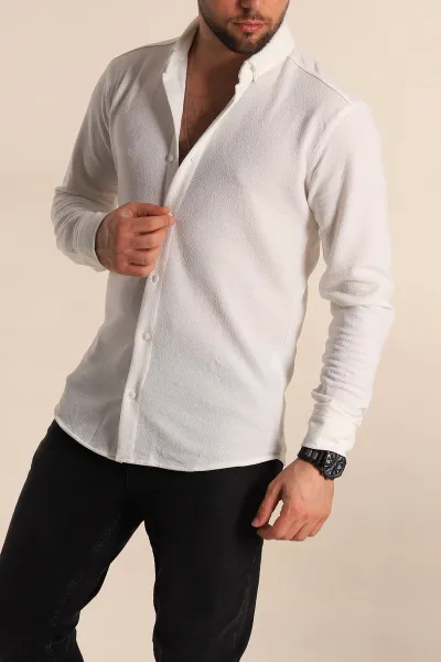Beyaz Regular Fit Uzun Kollu Örme Erkek Gömlek 267050