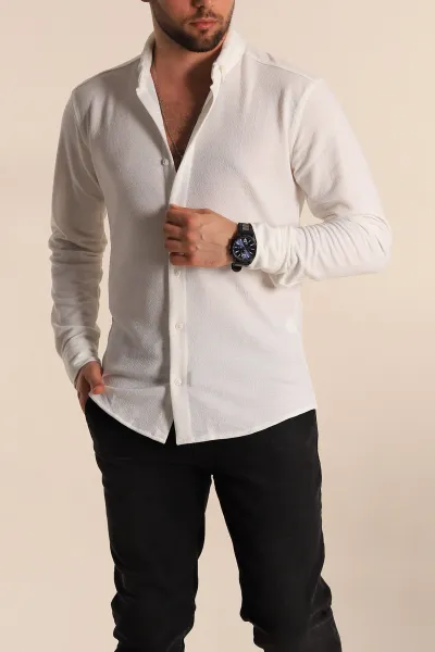 Beyaz Regular Fit Uzun Kollu Örme Erkek Gömlek 267050