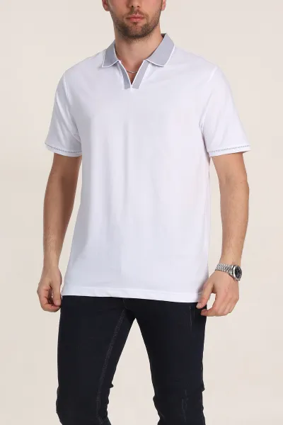 Beyaz Regular Fit V Patlı Polo Yaka Erkek Tişört 349812