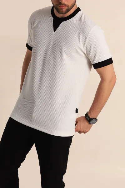 Beyaz Regular Fit Yaka Detaylı Erkek Tişört 268641