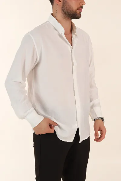 Beyaz Relaxed Fit Ata Yaka Uzun Kollu Erkek Gömlek 369598