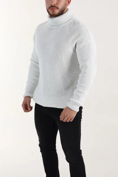 Beyaz Relaxed Fit Balıkçı Yaka Erkek Triko Kazak 397758