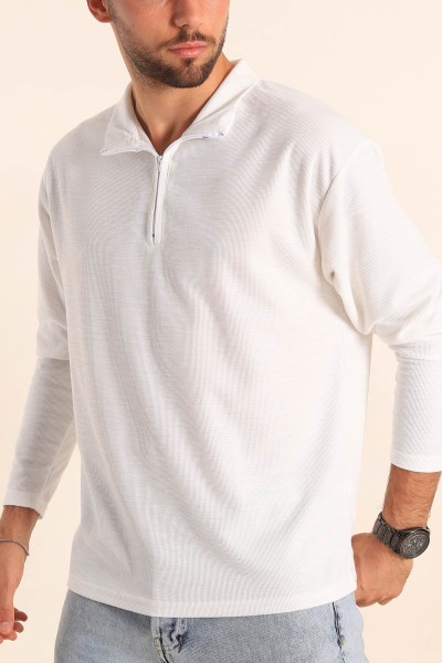 Beyaz Relaxed Fit Balıkçı Yaka Fermuarlı Erkek Sweat 201320