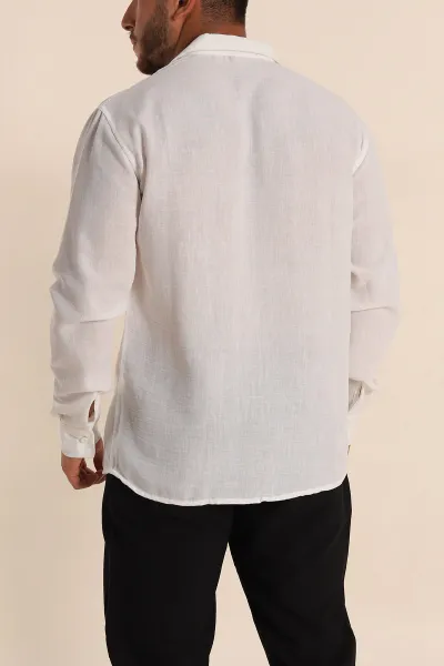 Beyaz Relaxed Fit Bambu Keten Apaş Yaka Erkek Gömlek 285494