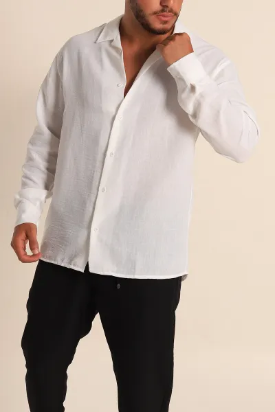 Beyaz Relaxed Fit Bambu Keten Apaş Yaka Erkek Gömlek 285494