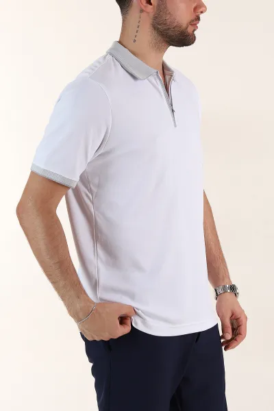 Beyaz Relaxed Fit Basic Fermuarlı Polo Yaka Erkek Tişört 359135
