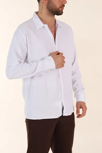 Beyaz Relaxed Fit Bürümcük Dokulu Uzun Kollu Erkek Gömlek 369324