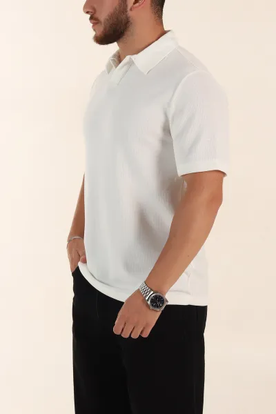 Beyaz Relaxed Fit Çelik Örme Polo Yaka Erkek Tişört 368876