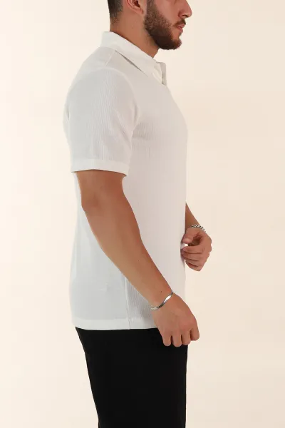 Beyaz Relaxed Fit Çelik Örme Polo Yaka Erkek Tişört 368876