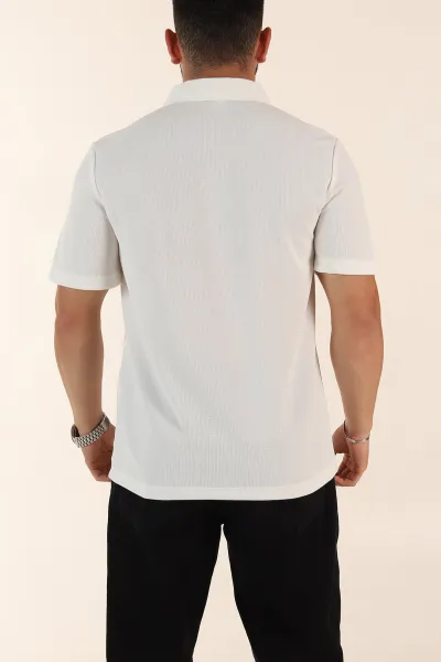 Beyaz Relaxed Fit Çelik Örme Polo Yaka Erkek Tişört 368876