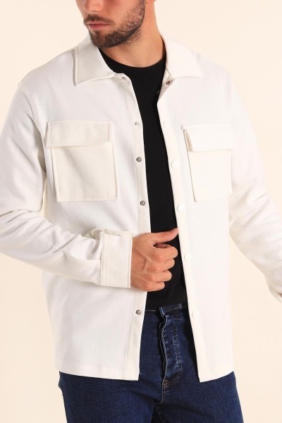 Beyaz Relaxed Fit Çift Cepli Çıt Çıt Düğmeli Uzun Kollu Erkek Gömlek 201337