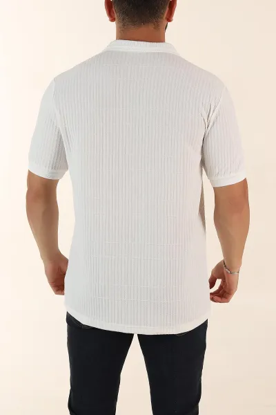 Beyaz Relaxed Fit Çizgi Detaylı Fermuarlı Polo Yaka Erkek Tişört 370331
