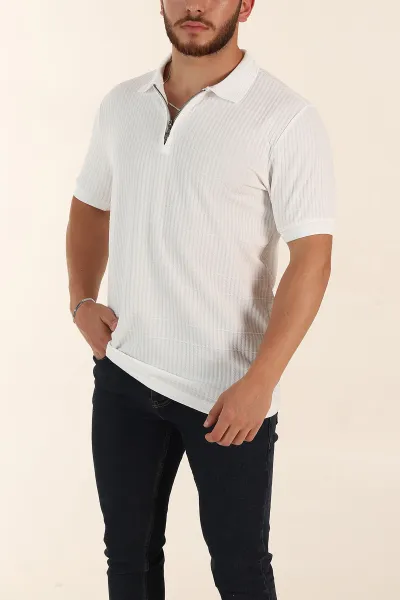 Beyaz Relaxed Fit Çizgi Detaylı Fermuarlı Polo Yaka Erkek Tişört 370331