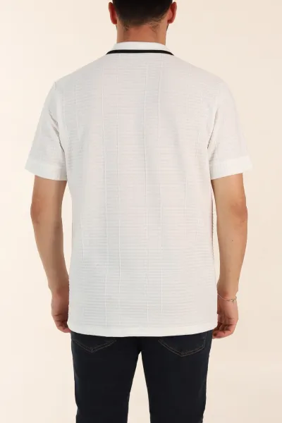 Beyaz Relaxed Fit Çizgi Detaylı Polo Yaka Erkek Tişört 370322