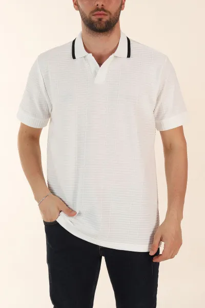Beyaz Relaxed Fit Çizgi Detaylı Polo Yaka Erkek Tişört 370322